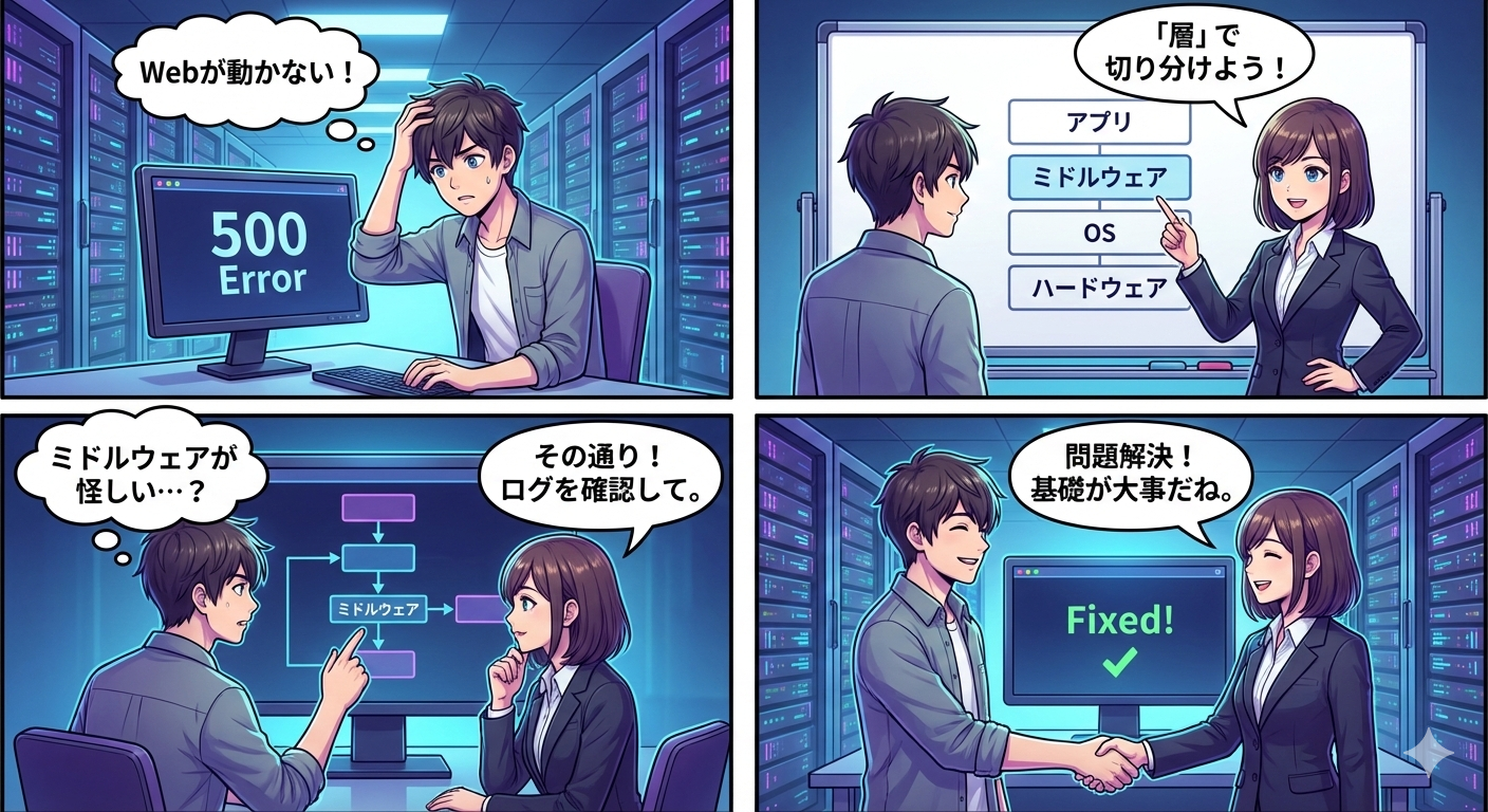 トラブル解決のイメージ4コマ漫画